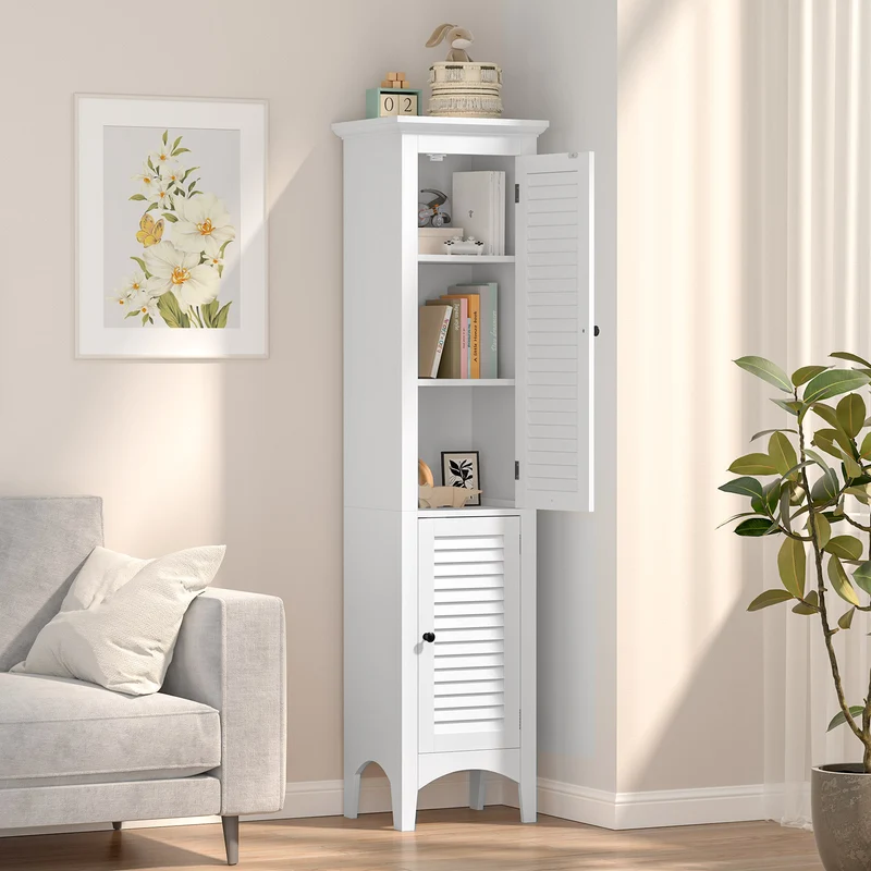 Tall Bathroom Floor Cabinet, Shutter Doors, Adjustable Shelf, White