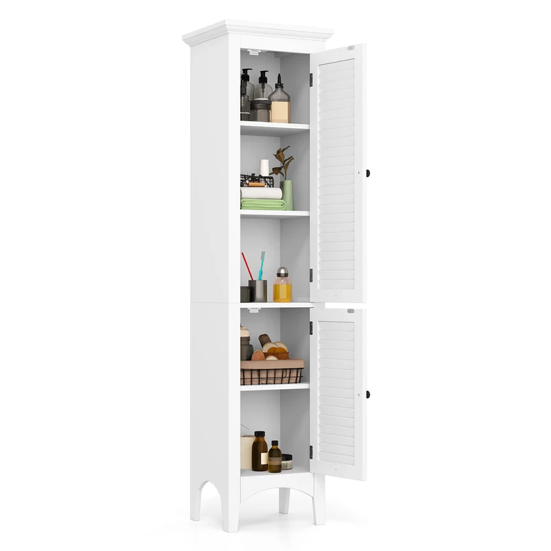 Tall Bathroom Floor Cabinet, Shutter Doors, Adjustable Shelf, White