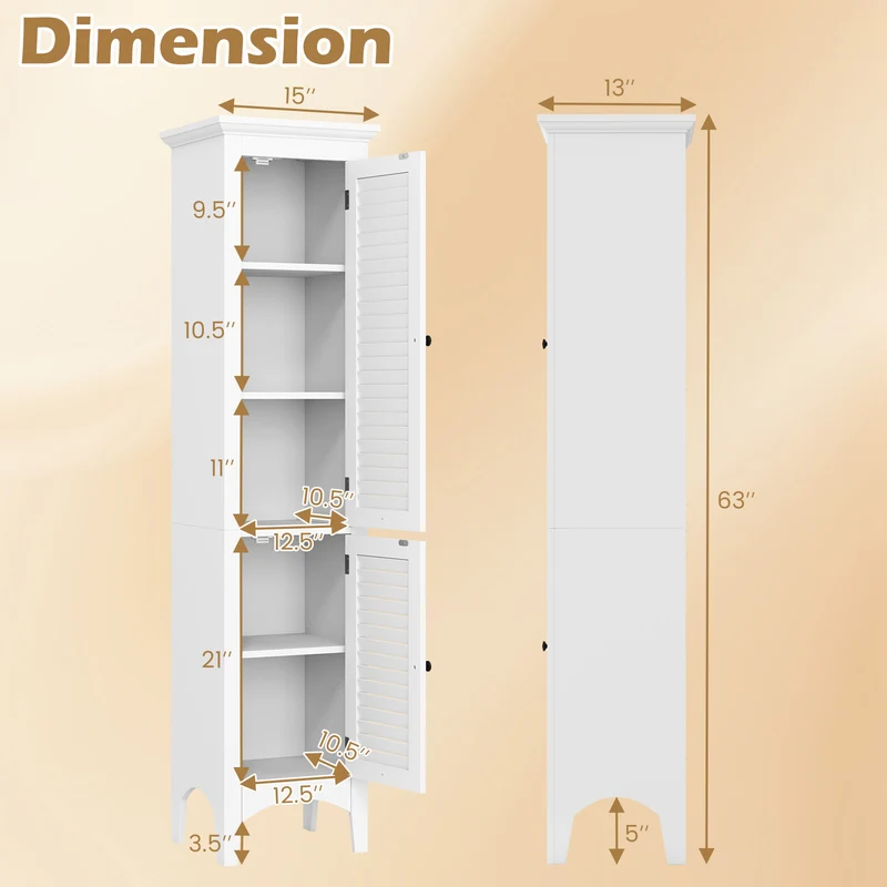 Tall Bathroom Floor Cabinet, Shutter Doors, Adjustable Shelf, White