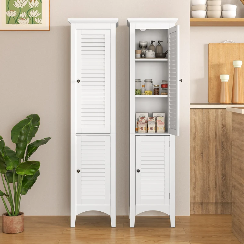 Tall Bathroom Floor Cabinet, Shutter Doors, Adjustable Shelf, White