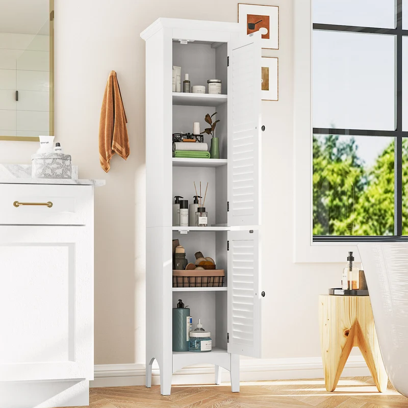 Tall Bathroom Floor Cabinet, Shutter Doors, Adjustable Shelf, White