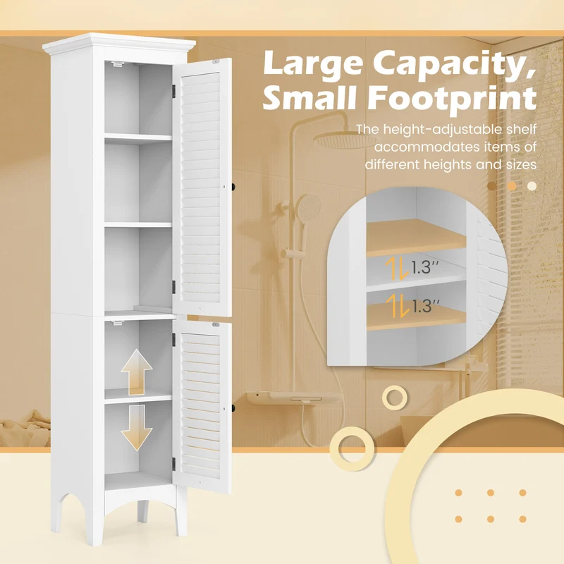Tall Bathroom Floor Cabinet, Shutter Doors, Adjustable Shelf, White