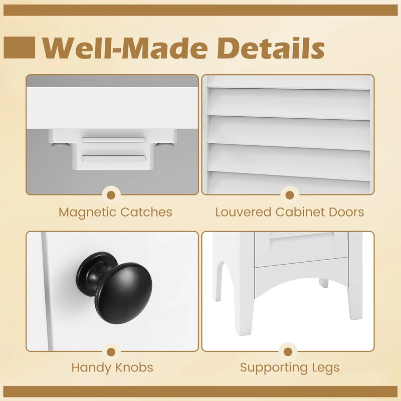 Tall Bathroom Floor Cabinet, Shutter Doors, Adjustable Shelf, White