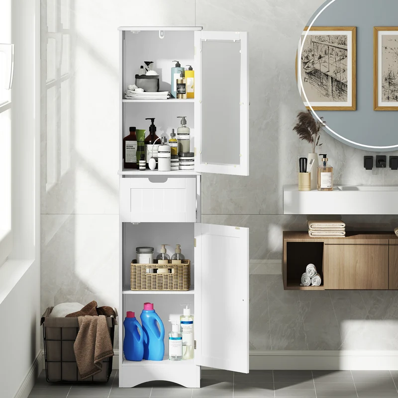 Tall Floor Storage Cabinet, 2 Doors 1 Drawer, White