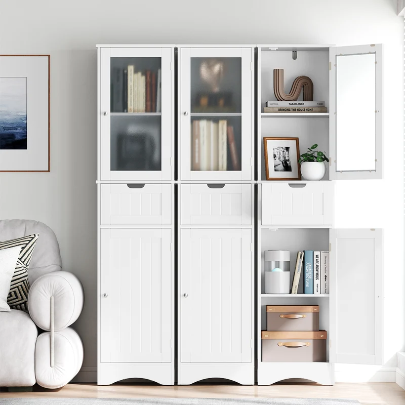 Tall Floor Storage Cabinet, 2 Doors 1 Drawer, White