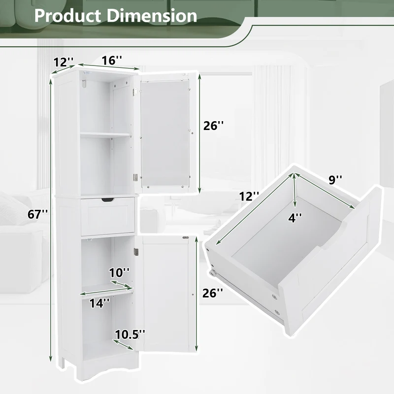 Tall Floor Storage Cabinet, 2 Doors 1 Drawer, White