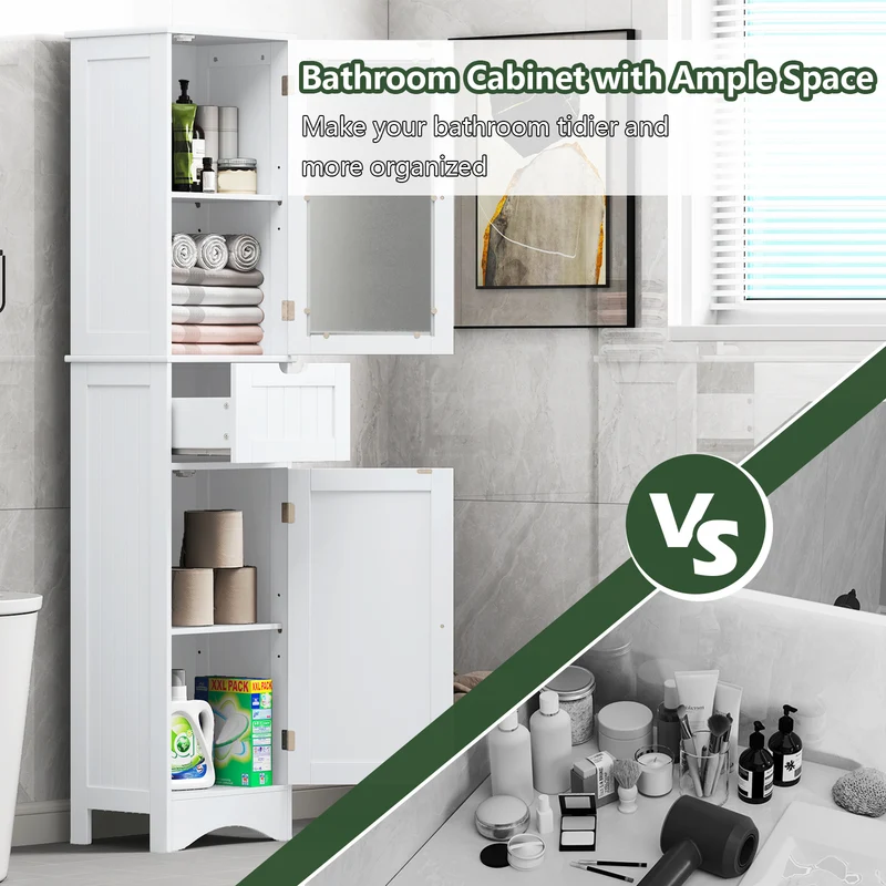 Tall Floor Storage Cabinet, 2 Doors 1 Drawer, White