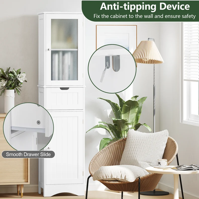 Tall Floor Storage Cabinet, 2 Doors 1 Drawer, White