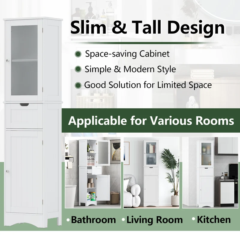 Tall Floor Storage Cabinet, 2 Doors 1 Drawer, White