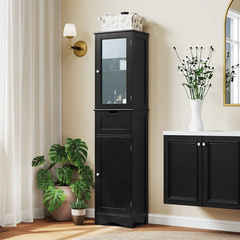 Tall Floor Storage Cabinet, 2 Doors, 1 Drawer, Black