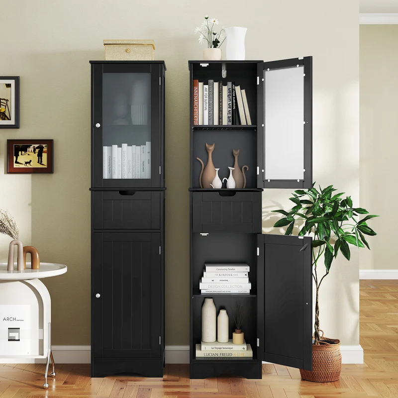 Tall Floor Storage Cabinet, 2 Doors, 1 Drawer, Black
