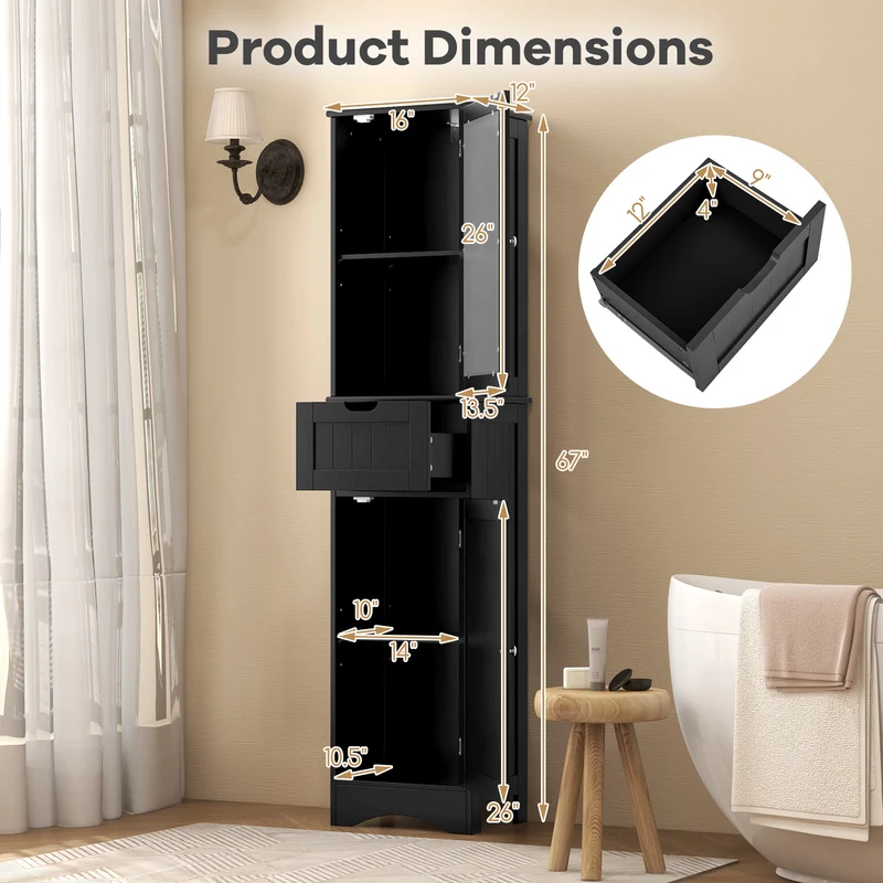Tall Floor Storage Cabinet, 2 Doors, 1 Drawer, Black