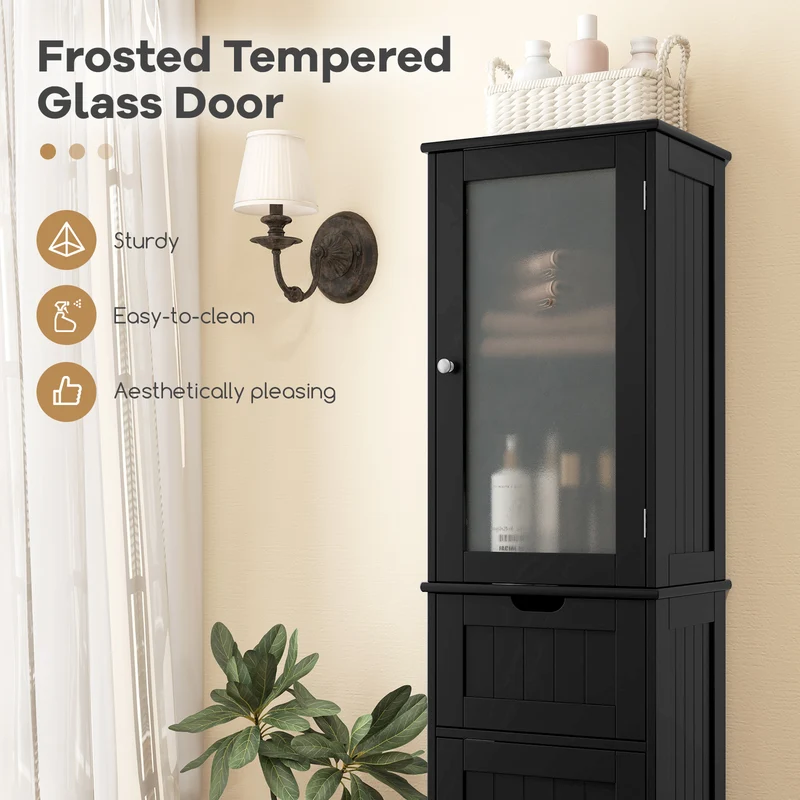 Tall Floor Storage Cabinet, 2 Doors, 1 Drawer, Black