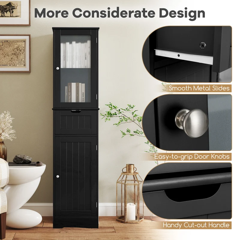 Tall Floor Storage Cabinet, 2 Doors, 1 Drawer, Black