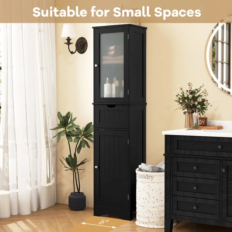 Tall Floor Storage Cabinet, 2 Doors, 1 Drawer, Black