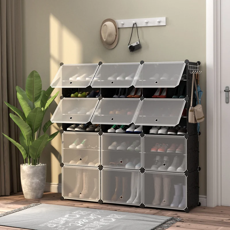 12-Cube 48 Pairs Portable Shoe Shelves With Hook, Black