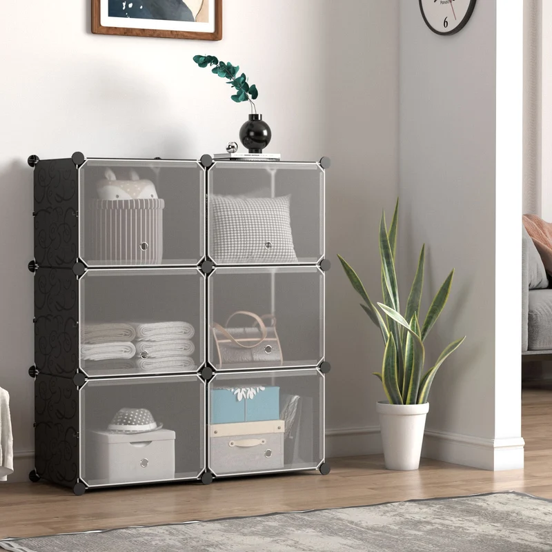 12-Cube 48 Pairs Portable Shoe Shelves With Hook, Black