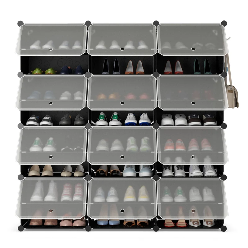 12-Cube 48 Pairs Portable Shoe Shelves With Hook, Black