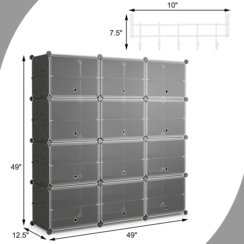 12-Cube 48 Pairs Portable Shoe Shelves With Hook, Black