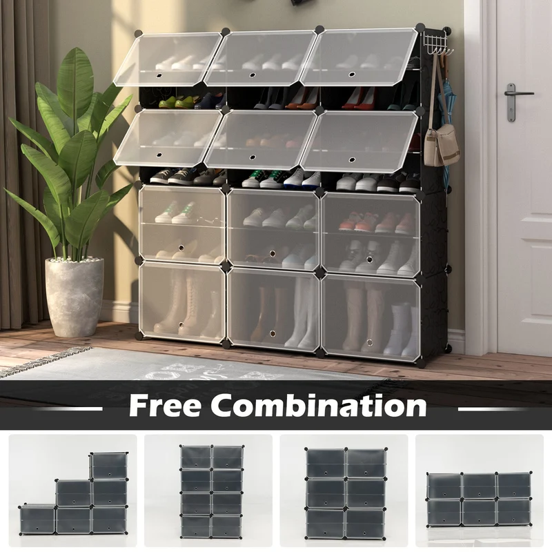 12-Cube 48 Pairs Portable Shoe Shelves With Hook, Black
