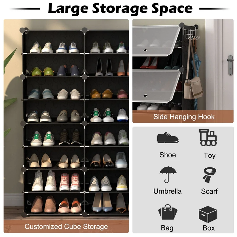 12-Cube 48 Pairs Portable Shoe Shelves With Hook, Black