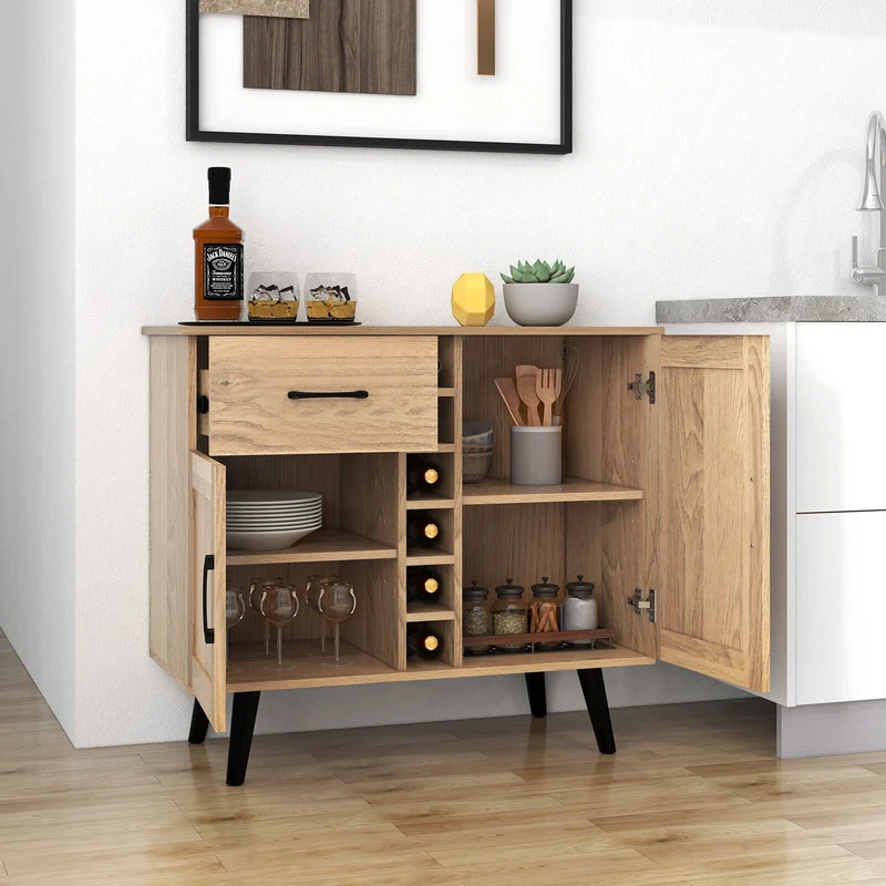2-Door Sideboard With 6-Bottle Wine Rack Drawer, Natural