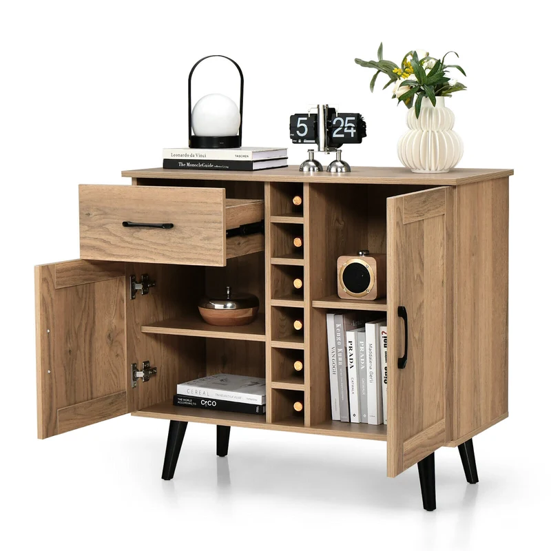 2-Door Sideboard With 6-Bottle Wine Rack Drawer, Natural