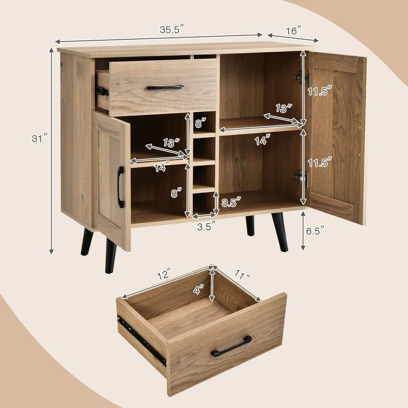 2-Door Sideboard With 6-Bottle Wine Rack Drawer, Natural