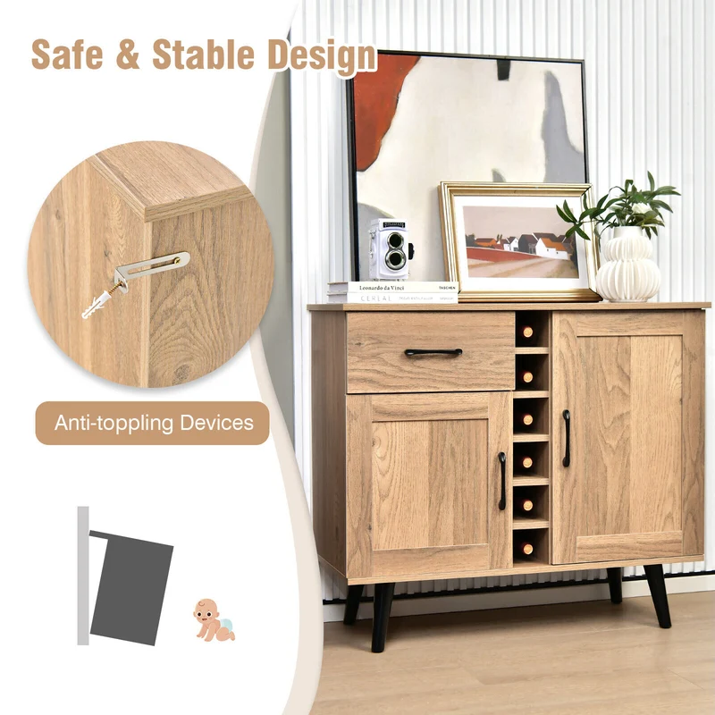 2-Door Sideboard With 6-Bottle Wine Rack Drawer, Natural