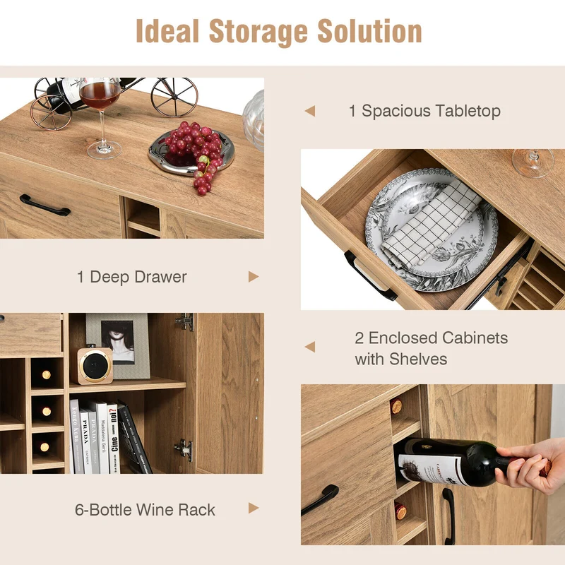 2-Door Sideboard With 6-Bottle Wine Rack Drawer, Natural