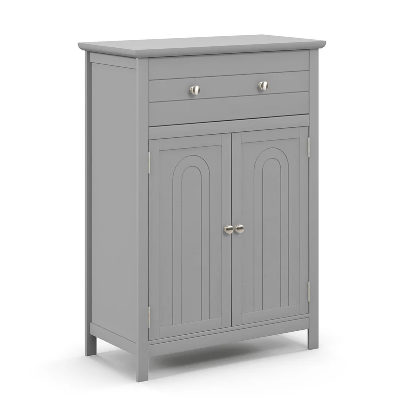 Wooden Bathroom Floor Cabinet, With Drawer And Adjustable Shelf, Gray