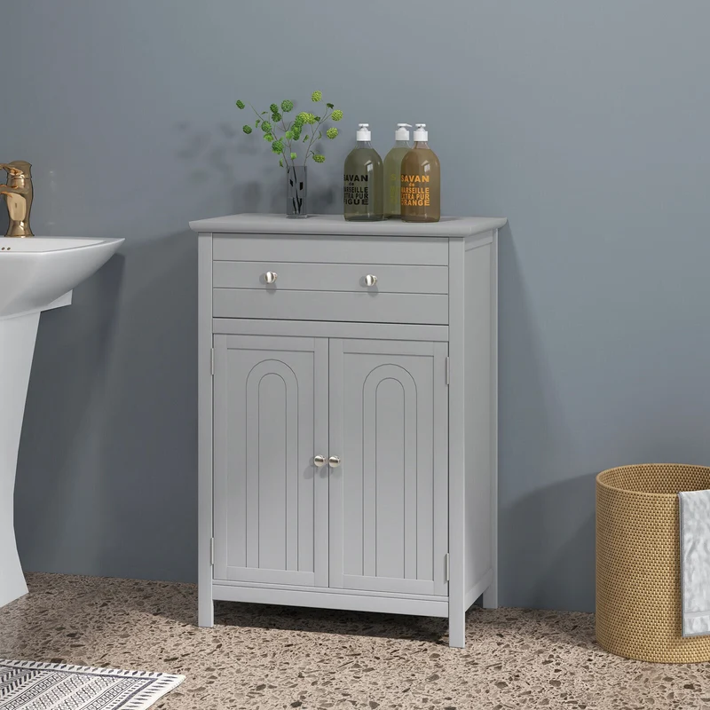 Wooden Bathroom Floor Cabinet, With Drawer And Adjustable Shelf, Gray
