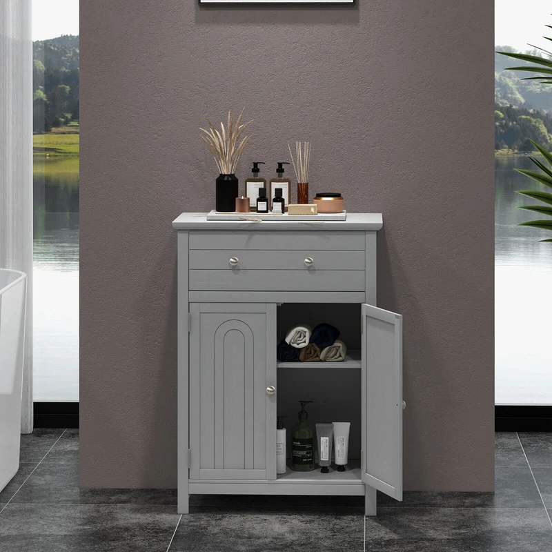 Wooden Bathroom Floor Cabinet, With Drawer And Adjustable Shelf, Gray