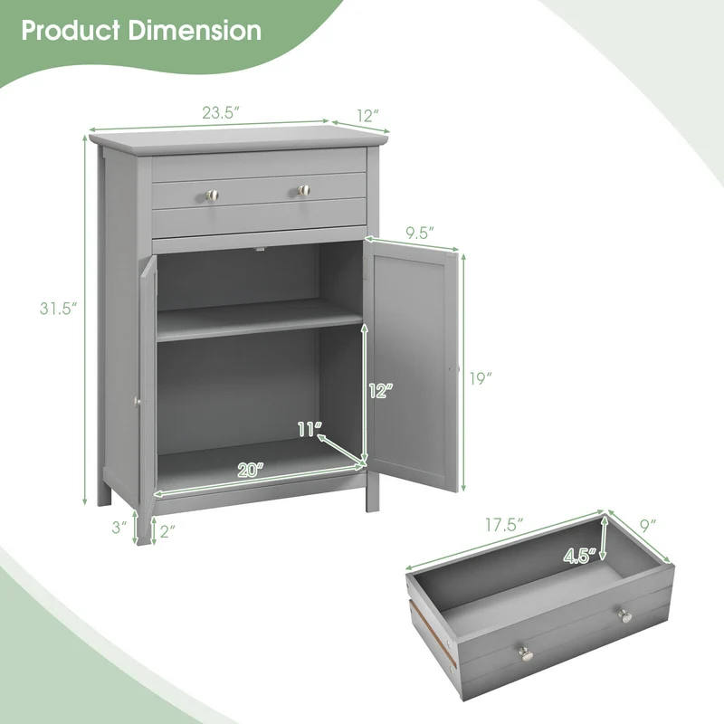 Wooden Bathroom Floor Cabinet, With Drawer And Adjustable Shelf, Gray