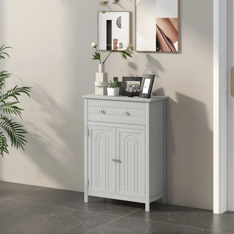Wooden Bathroom Floor Cabinet, With Drawer And Adjustable Shelf, Gray