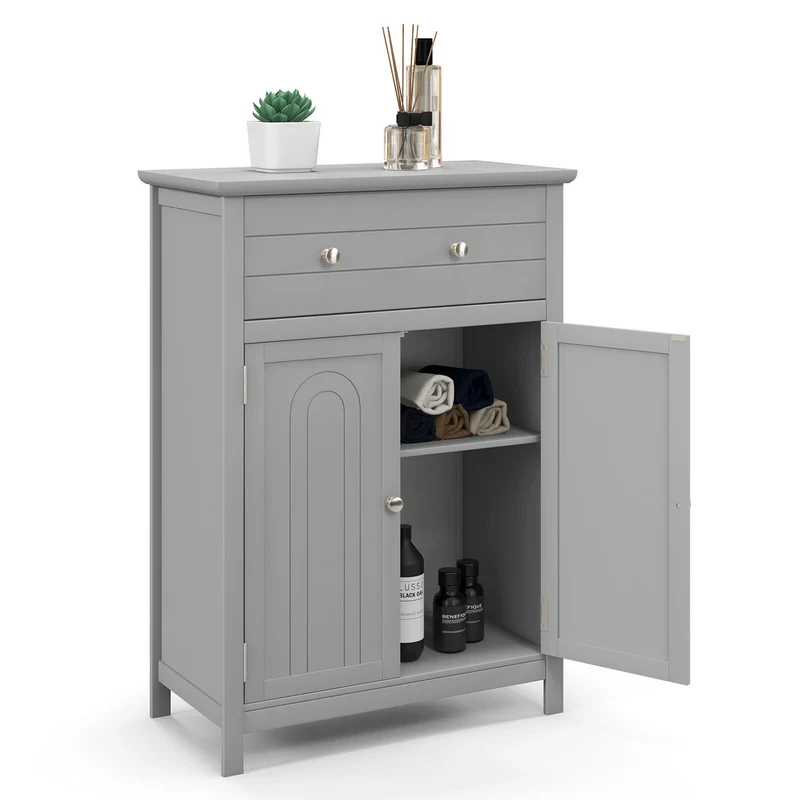 Wooden Bathroom Floor Cabinet, With Drawer And Adjustable Shelf, Gray