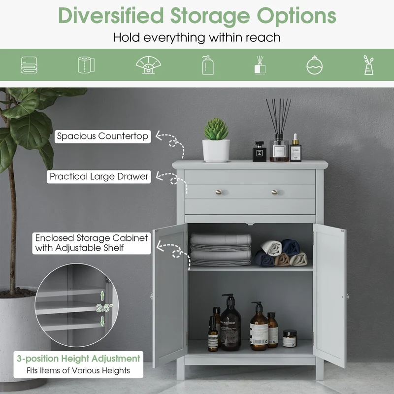 Wooden Bathroom Floor Cabinet, With Drawer And Adjustable Shelf, Gray
