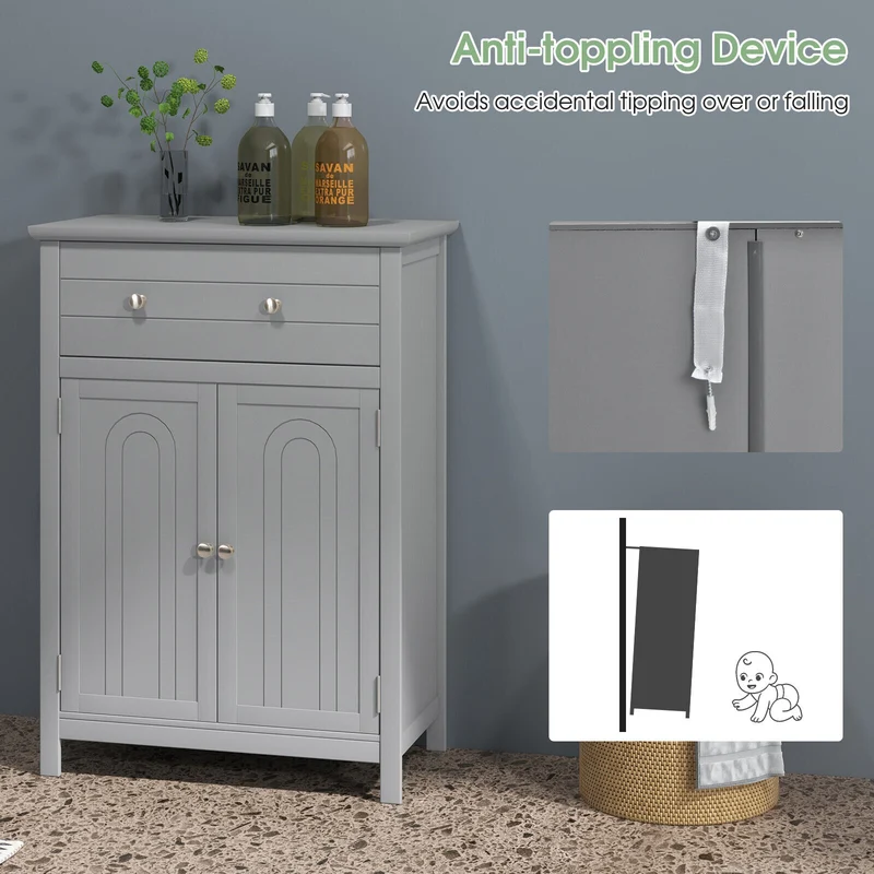 Wooden Bathroom Floor Cabinet, With Drawer And Adjustable Shelf, Gray