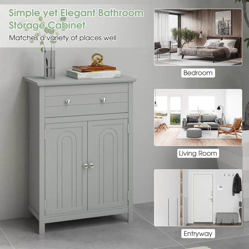 Wooden Bathroom Floor Cabinet, With Drawer And Adjustable Shelf, Gray