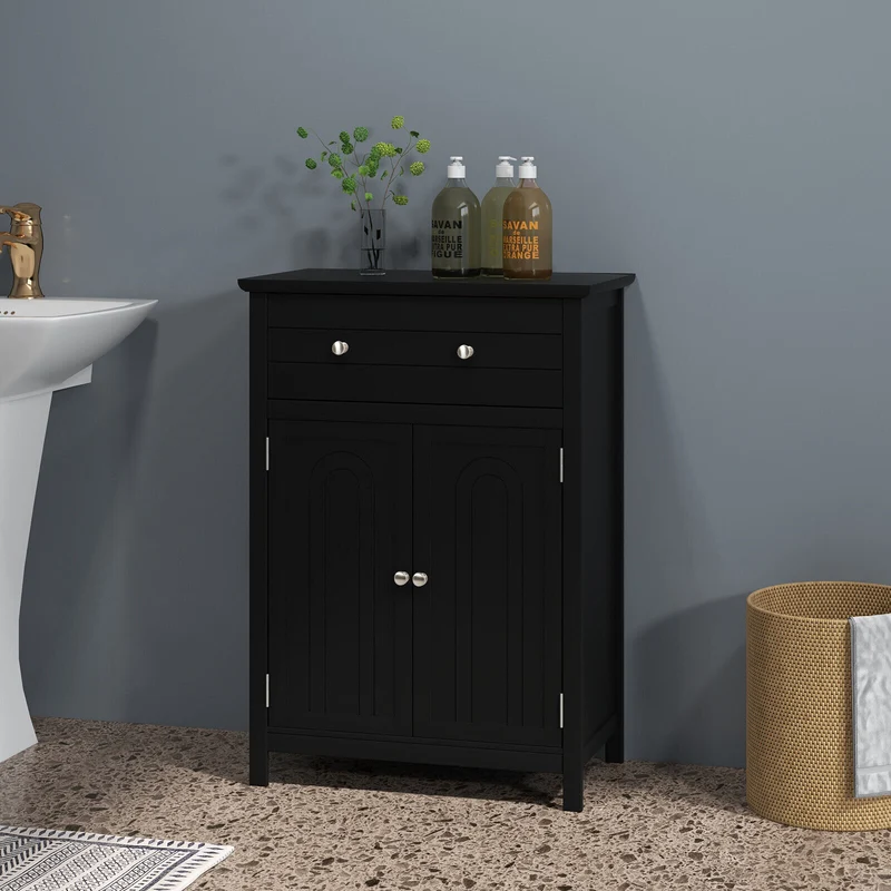 2-Door Freestanding Bathroom Cabinet, With Drawer And Adjustable Shelf, Black