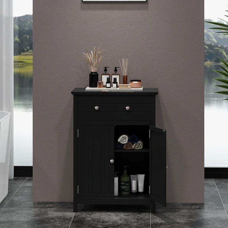 2-Door Freestanding Bathroom Cabinet, With Drawer And Adjustable Shelf, Black