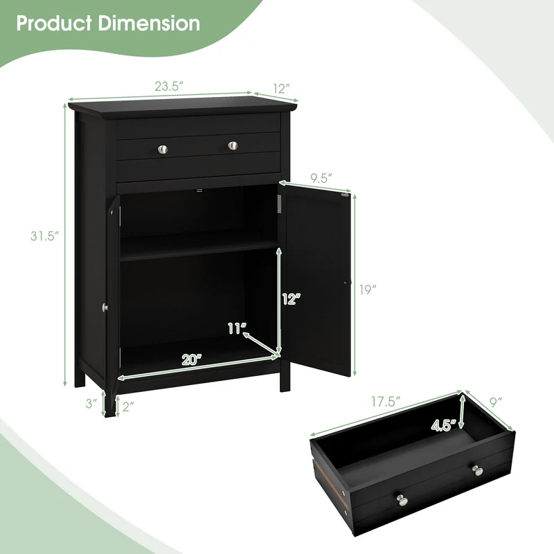 2-Door Freestanding Bathroom Cabinet, With Drawer And Adjustable Shelf, Black