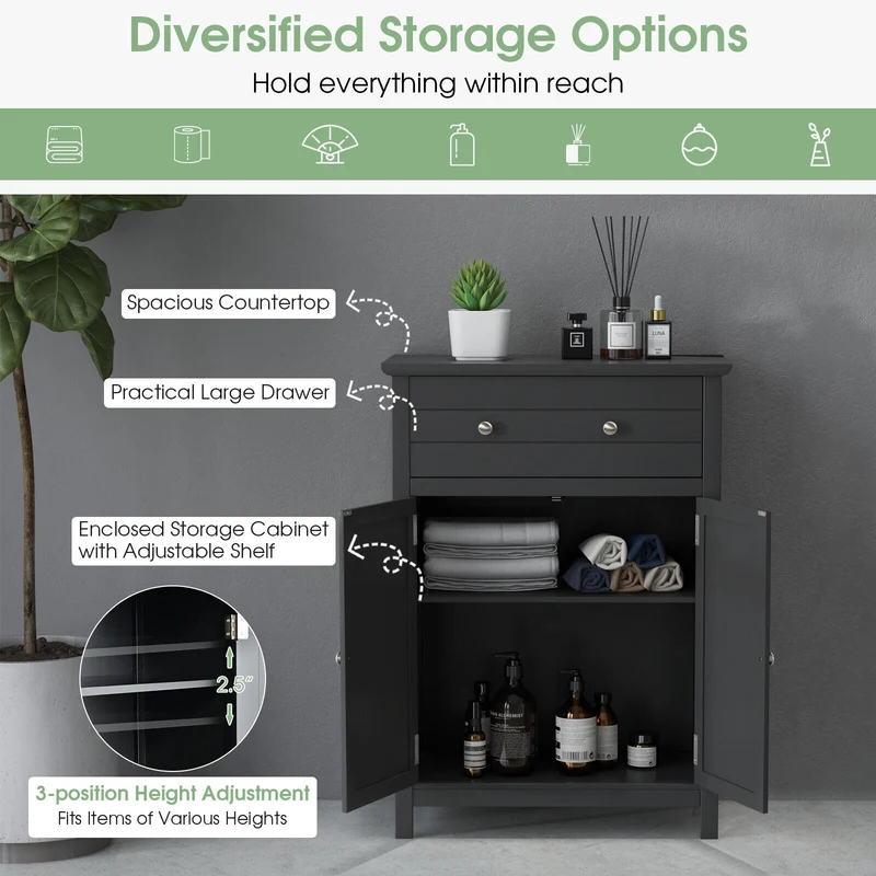 2-Door Freestanding Bathroom Cabinet, With Drawer And Adjustable Shelf, Black
