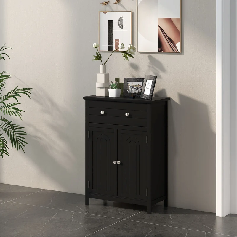 2-Door Freestanding Bathroom Cabinet, With Drawer And Adjustable Shelf, Black