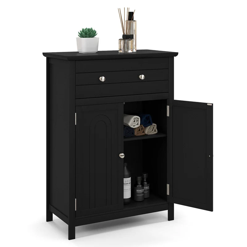 2-Door Freestanding Bathroom Cabinet, With Drawer And Adjustable Shelf, Black