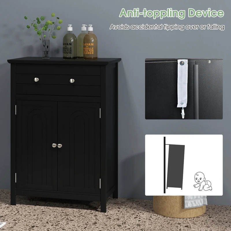 2-Door Freestanding Bathroom Cabinet, With Drawer And Adjustable Shelf, Black