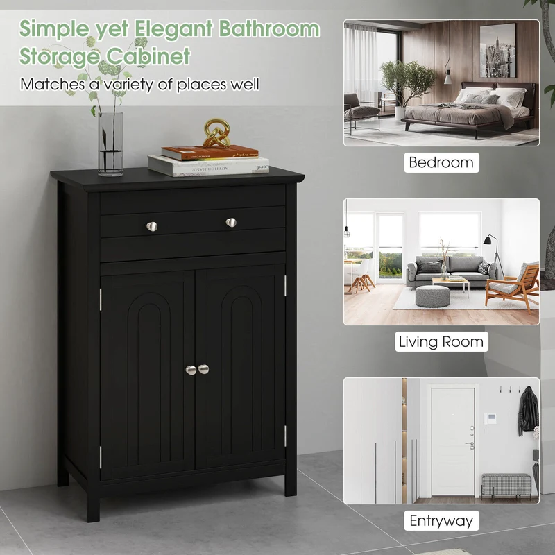 2-Door Freestanding Bathroom Cabinet, With Drawer And Adjustable Shelf, Black