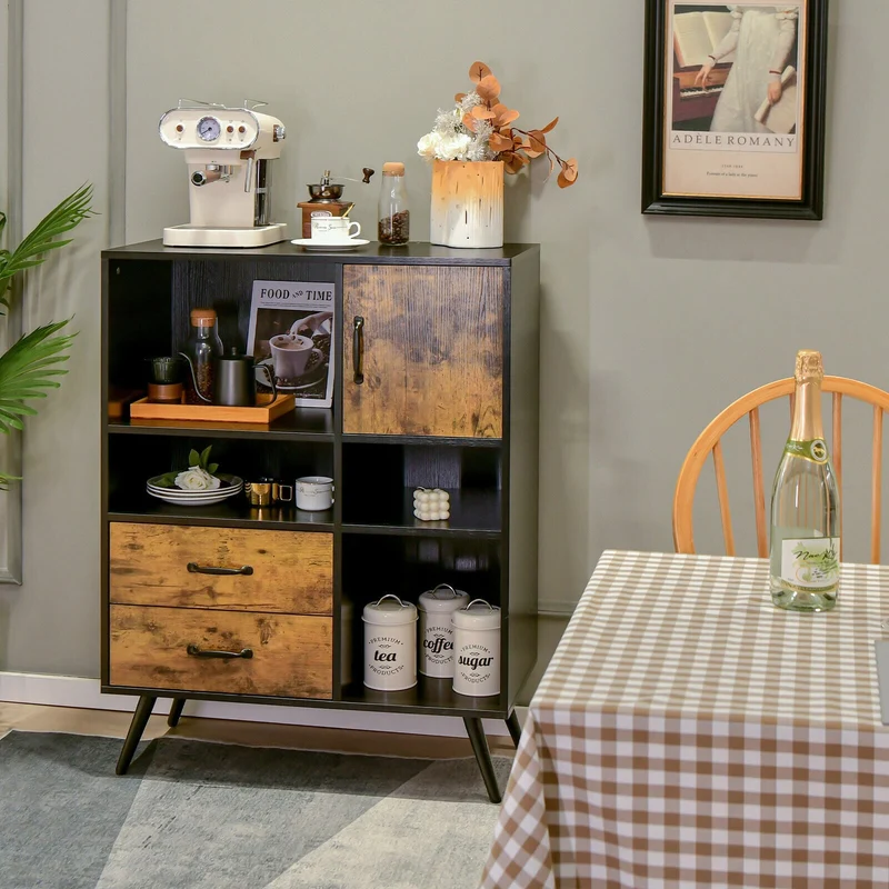 Industrial Buffet Sideboard, Kitchen Cupboard With Cubbies Drawers, Rustic Brown