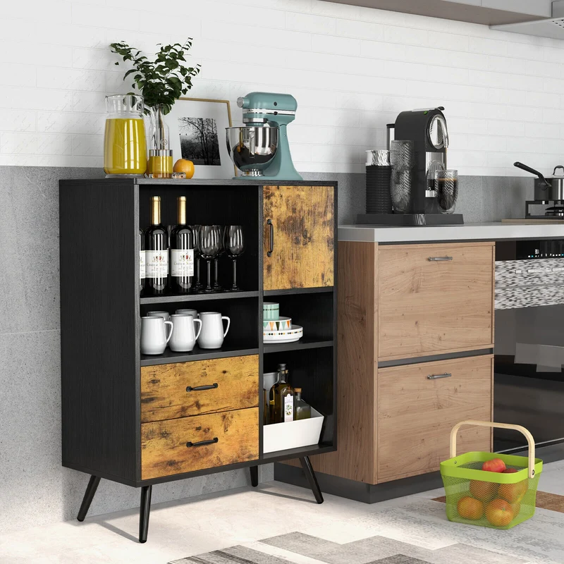 Industrial Buffet Sideboard, Kitchen Cupboard With Cubbies Drawers, Rustic Brown