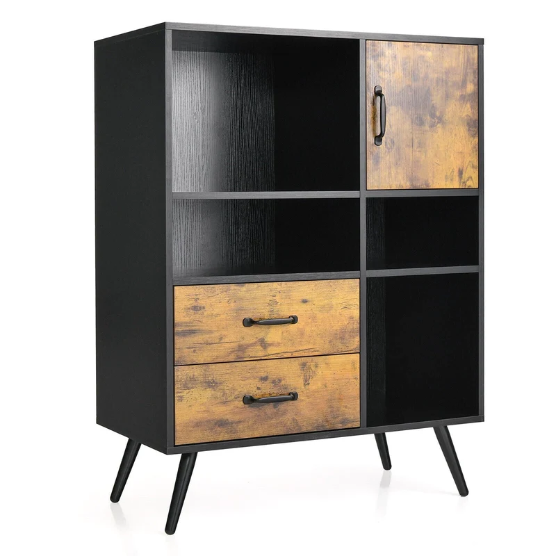 Industrial Buffet Sideboard, Kitchen Cupboard With Cubbies Drawers, Rustic Brown